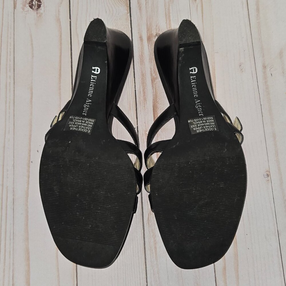 Vintage Etienne Aigner Slip On Black Wedge Sandals Size 7.5M - Picture 8 of 12